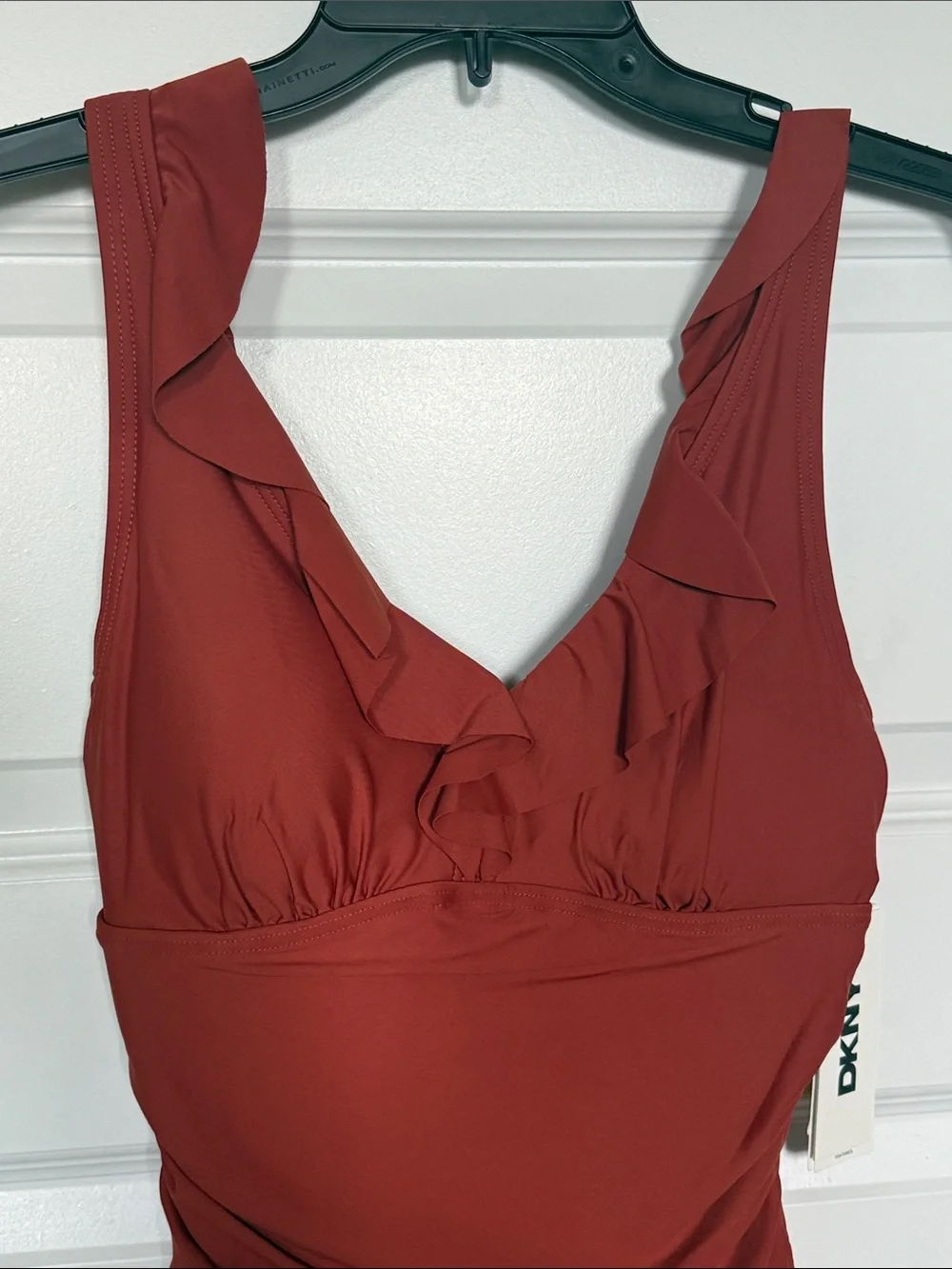 NWT DKNY Rust Ruffle V-Neck One-Piece Swimsuit Sz small - Picture 4 of 9